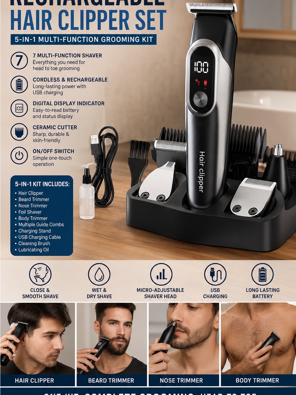 5-in-1 Men's Grooming Kit Hair Clipper & Trimmer - Black